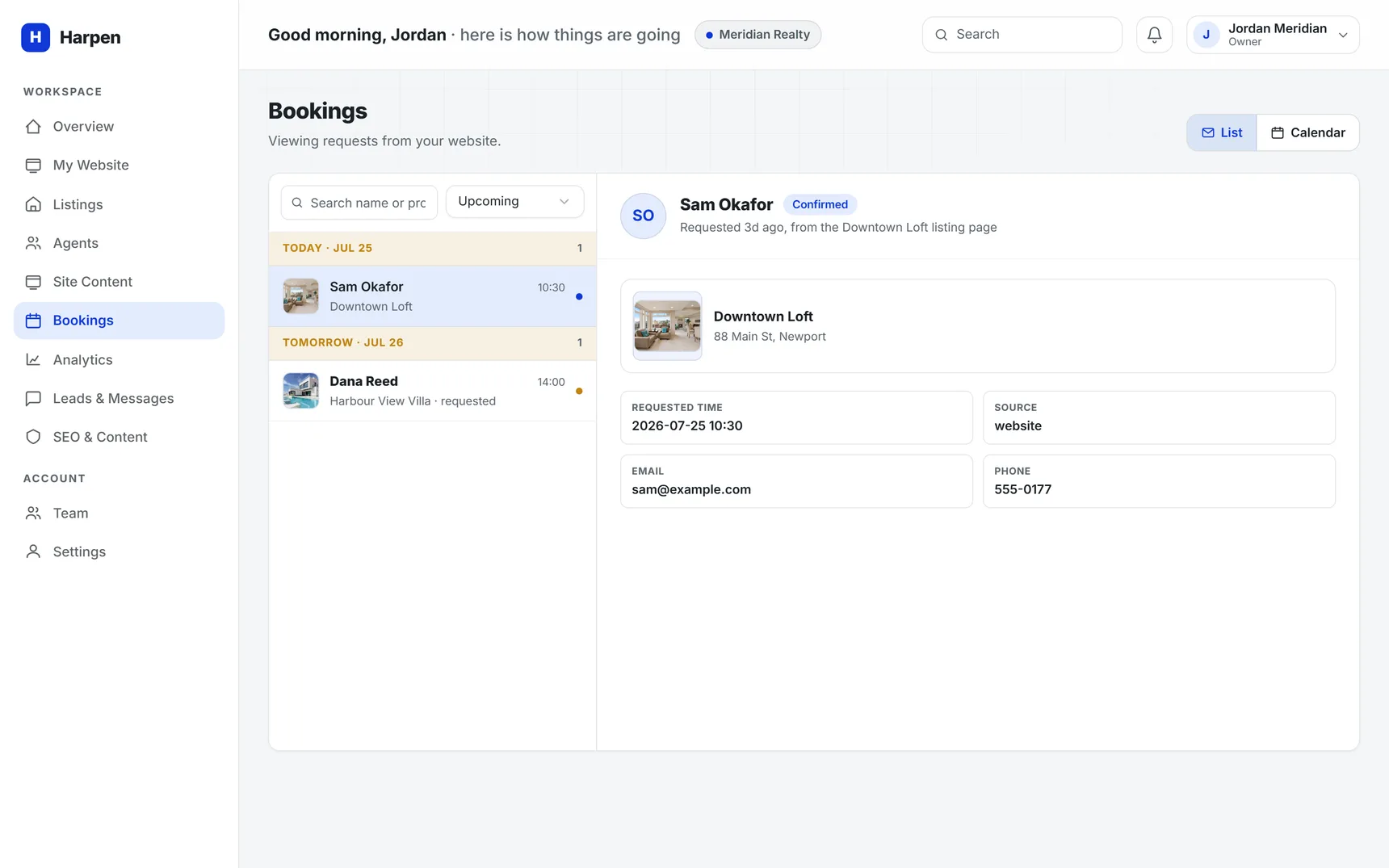 The HarpenTech client dashboard, bookings page