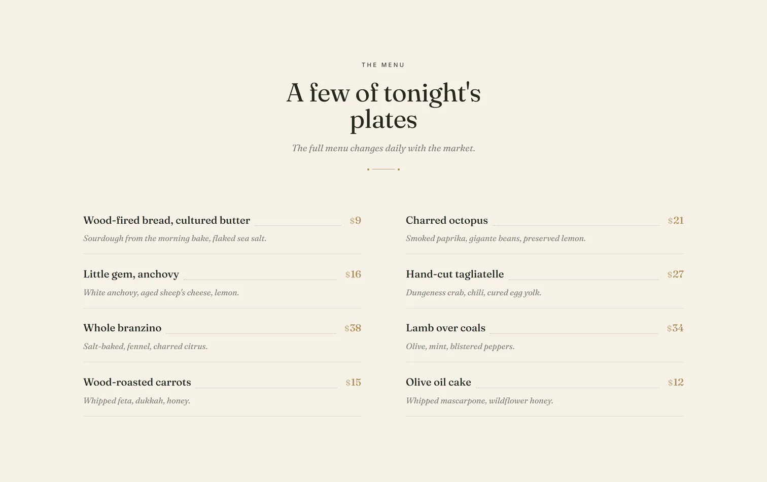 The menu section on a live restaurant site