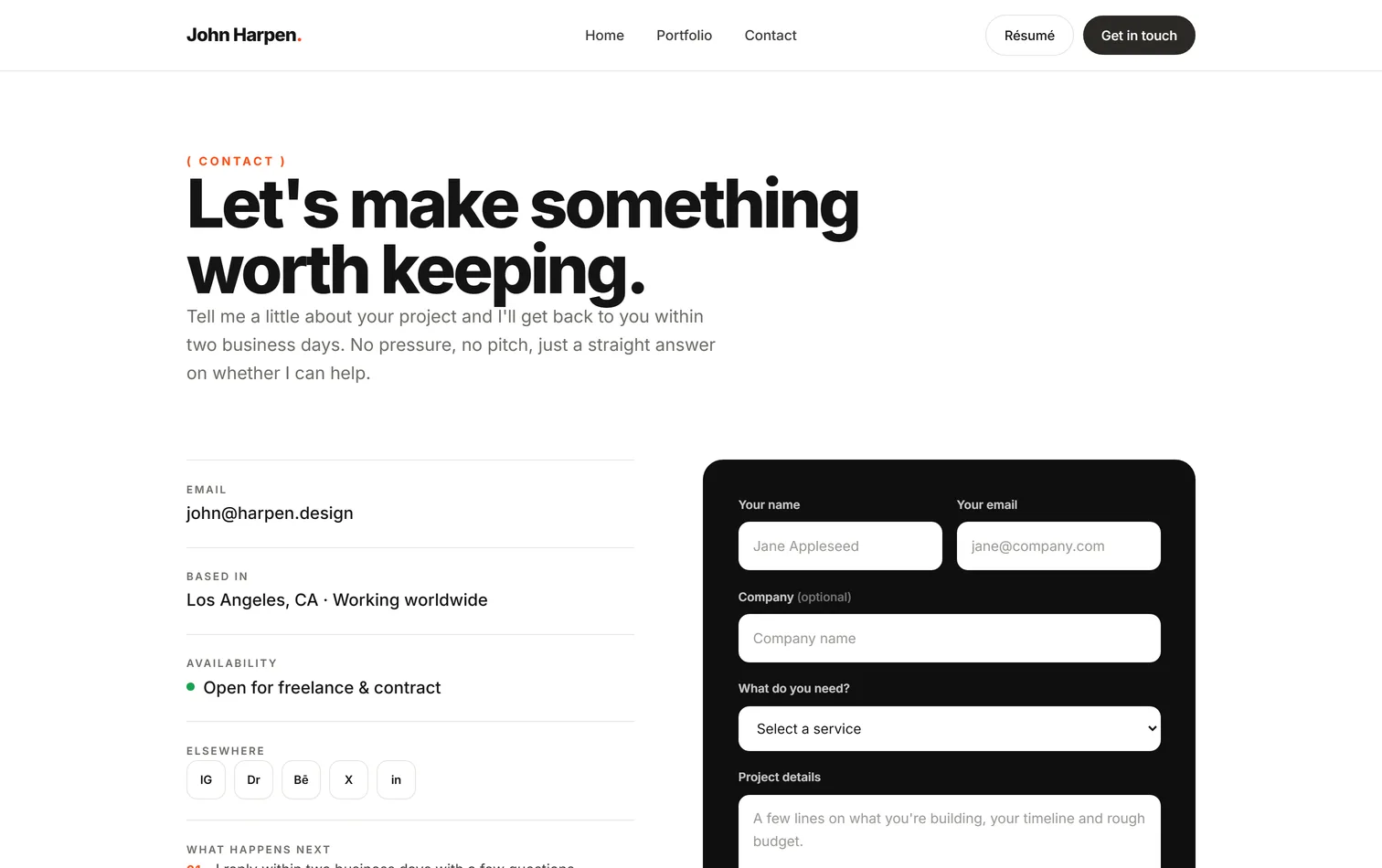 The enquiry form on a live design studio site