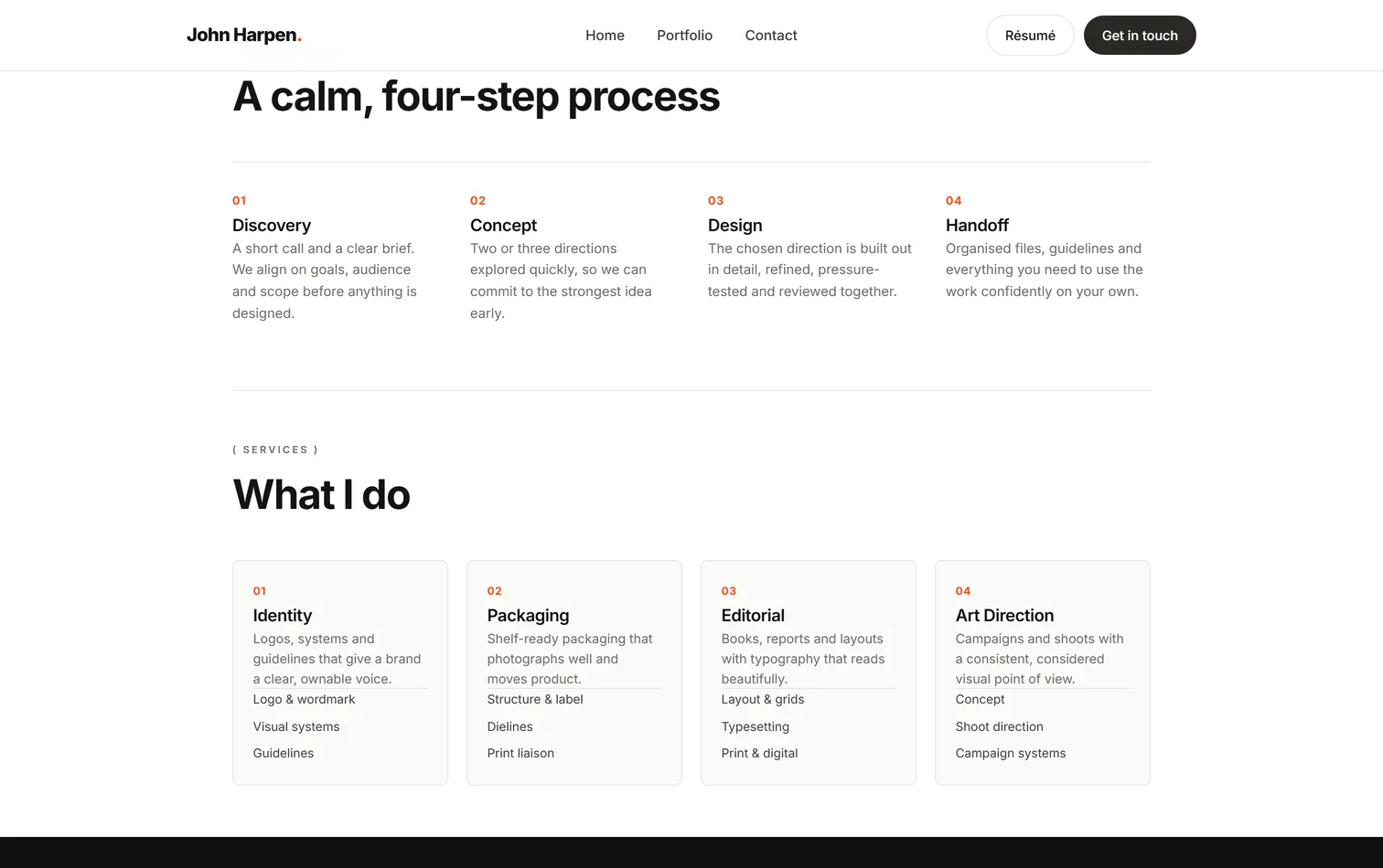 The process and services sections on a live design studio site