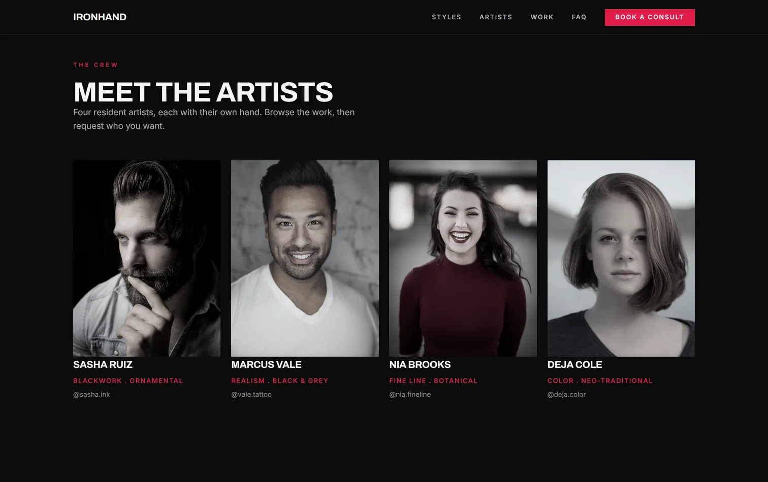 The artists section on a live tattoo studio site