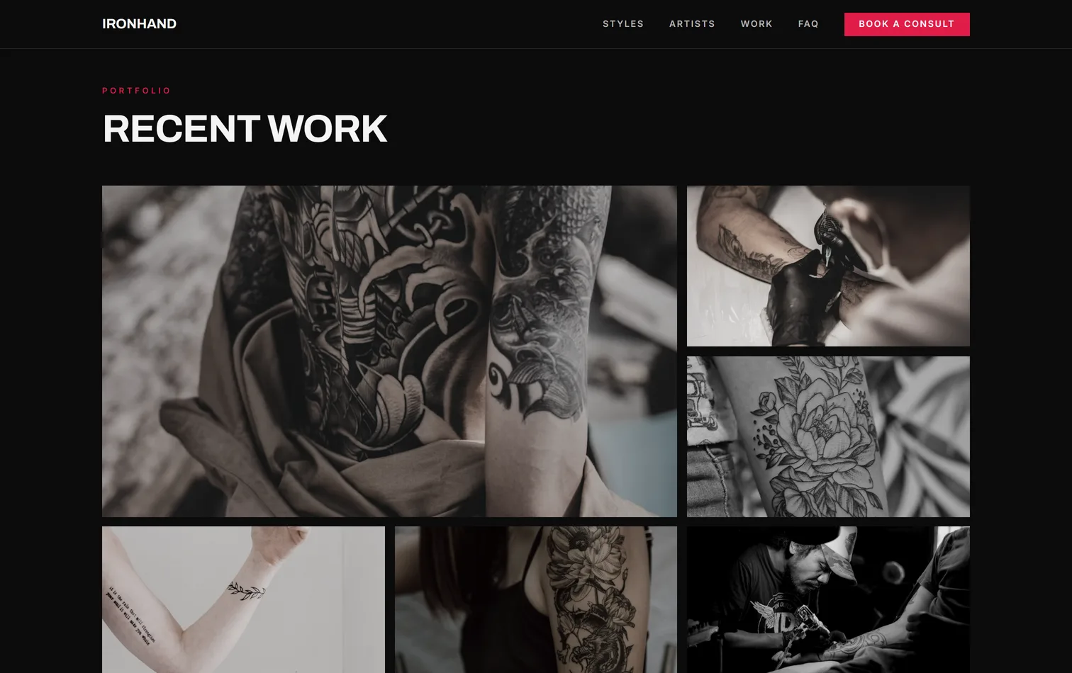 The recent work gallery on a live tattoo studio site