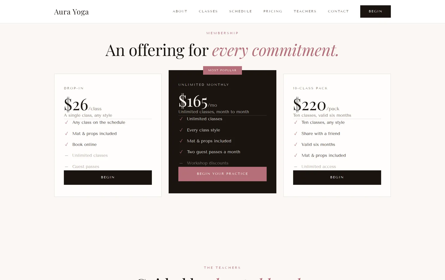 The passes and pricing section on a live yoga studio site